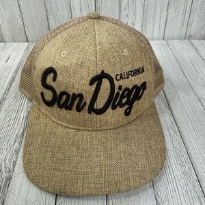 Pitbull San Diego Hat Snap Back Mens‎ Tan Burlap Baseball Script Embroidered